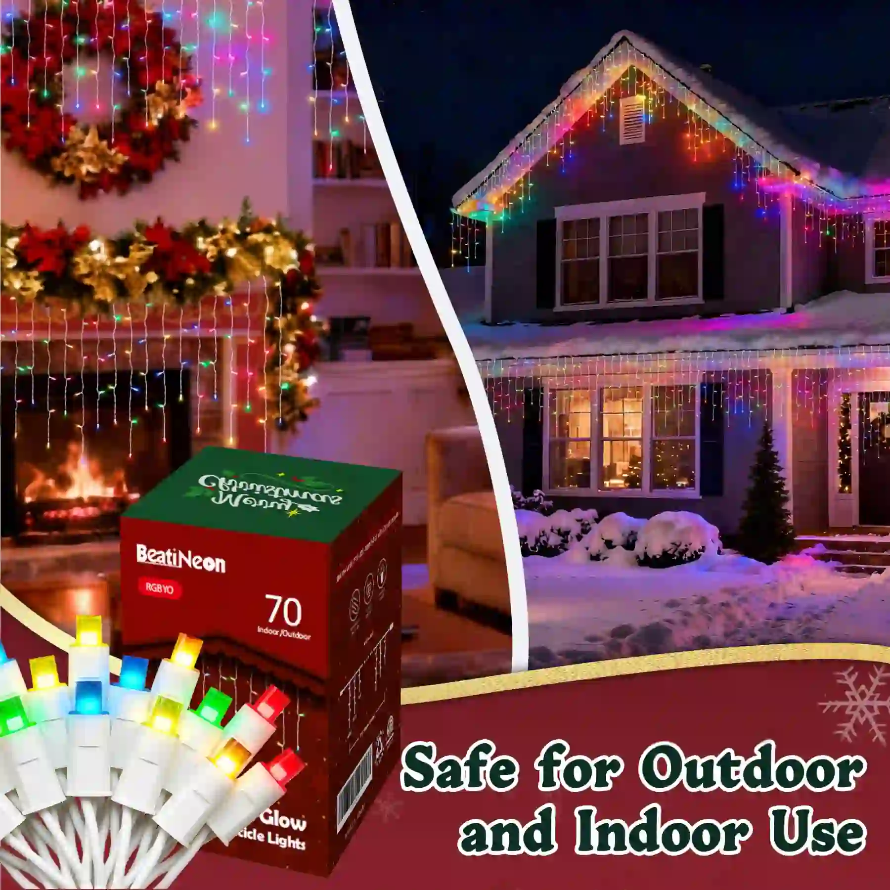 70Ct 5MM Cool White LED Icicle Lights with Snowflake Waterproof